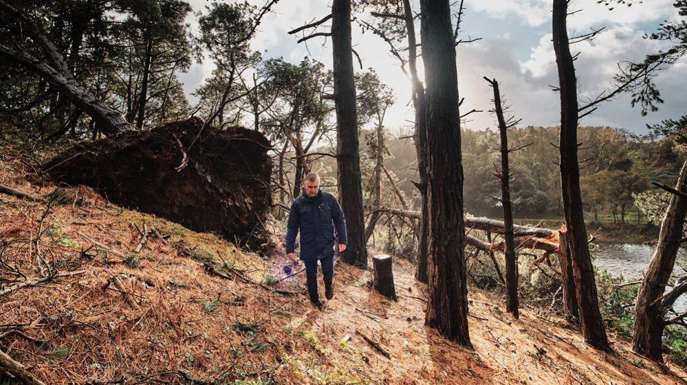 Helier Smith walking through pine trees at Jersey Reservoir