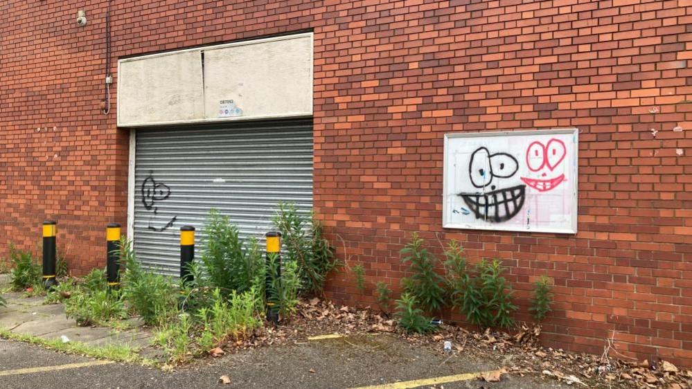 A brick wall and shutter covered in graffiti and overgrown vegetation 