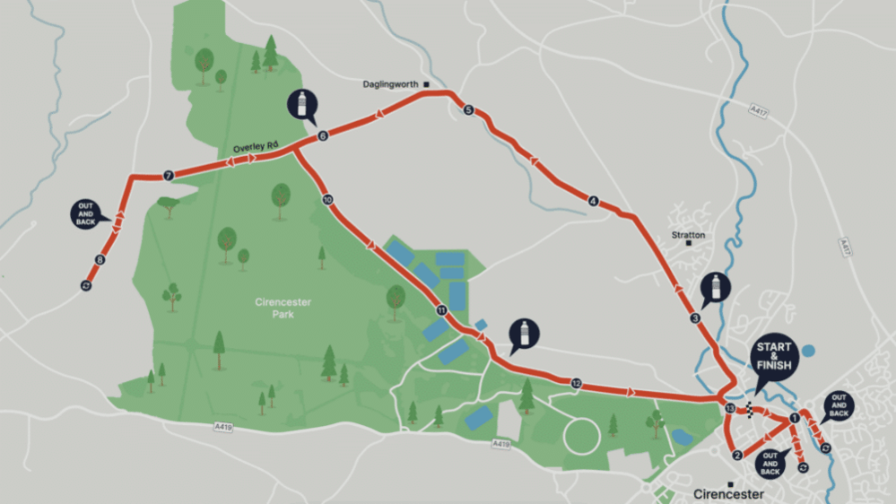 A route map of the race starting in central Cirencester, heading out past Daglingsworth and back through Bathurst Estate.