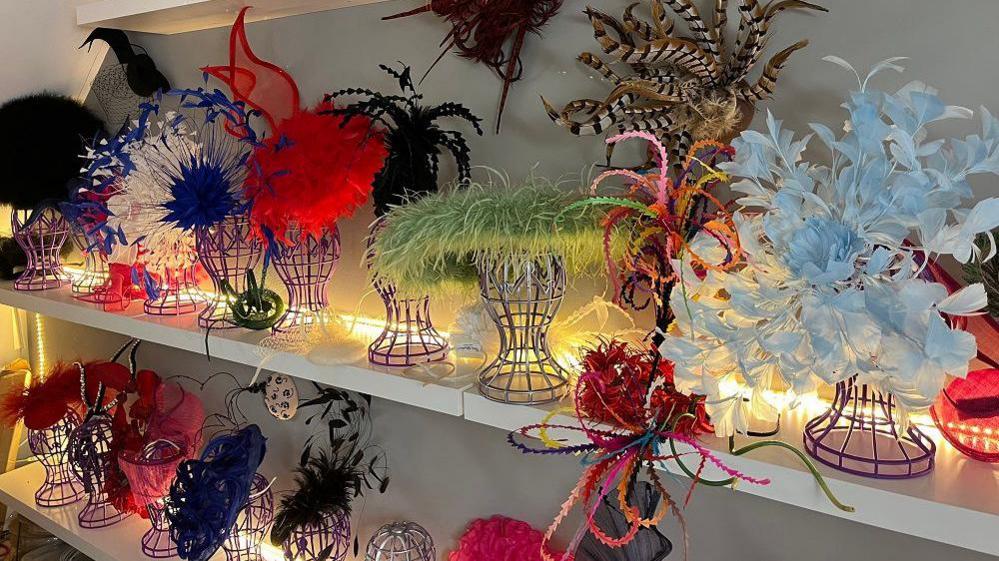 A selection of fascinators and hats on lit shelving in many different colours, lots with feathers