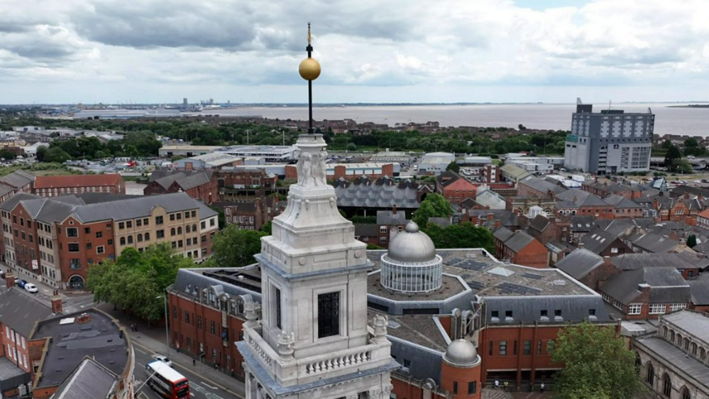 An aerial shot of the tower and the golden Time Ball. The shot shows how the ball would have been visable from the Humber Estuary.
