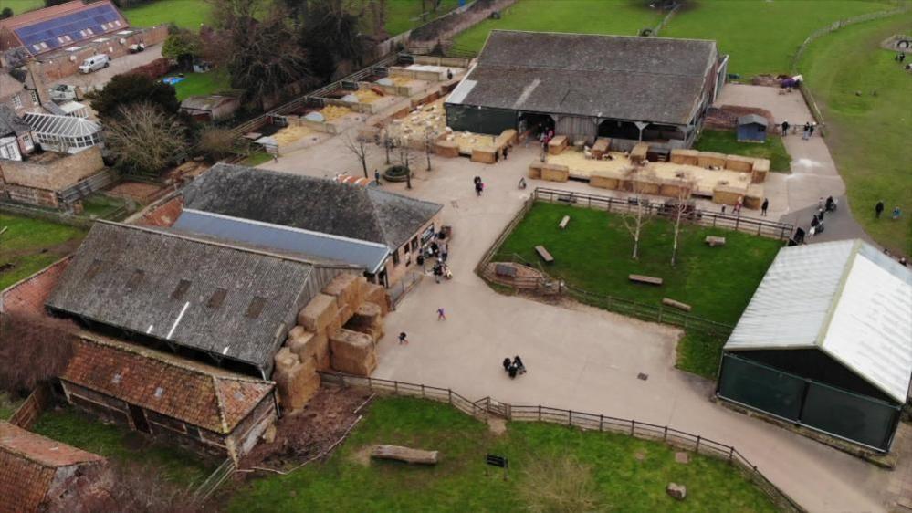 An aerial image of Church Farm at Stow Bardolph near Downham Market. The picture shows various barns and buildings, with people milling about and animals in pens made of straw bales. 