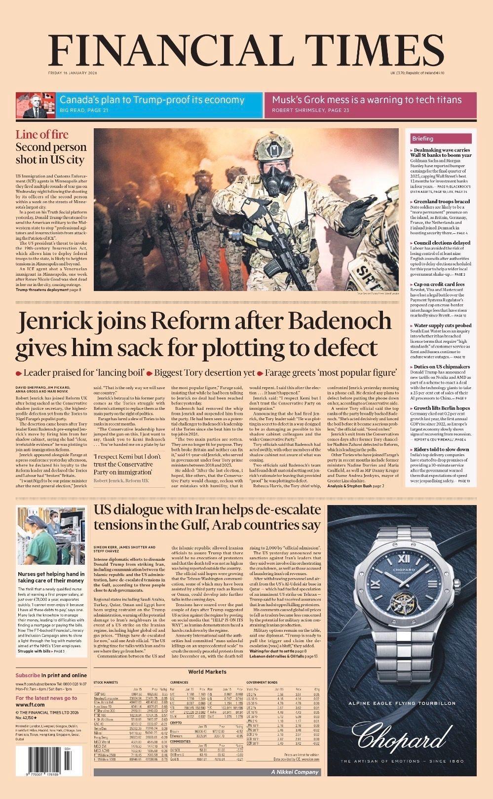 Titulli në faqen e parë të Financial Times thotë: "Jenrick bashkohet me Reform pasi Badenoch e shkarkon nga puna për komplot për t'u larguar".