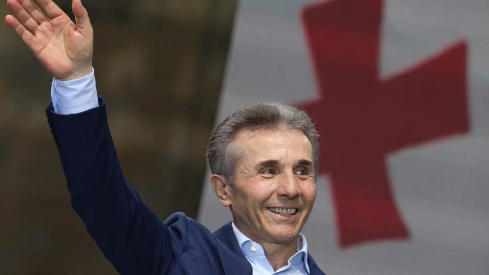 Bidzina Ivanishvili, former prime minister and founder of the Georgian Dream party, waves during a pro-government rally in support of a bill on "foreign agents" in Tbilisi, Georgia April 29, 2024.