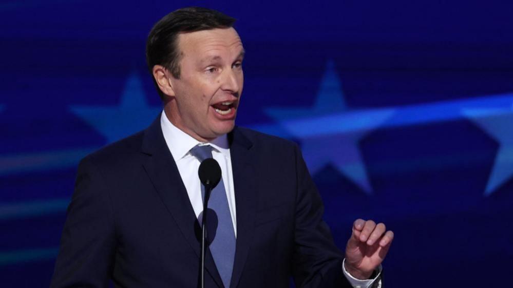 Senator Chris Murphy (D-CT) gestures during a speech in August 2024