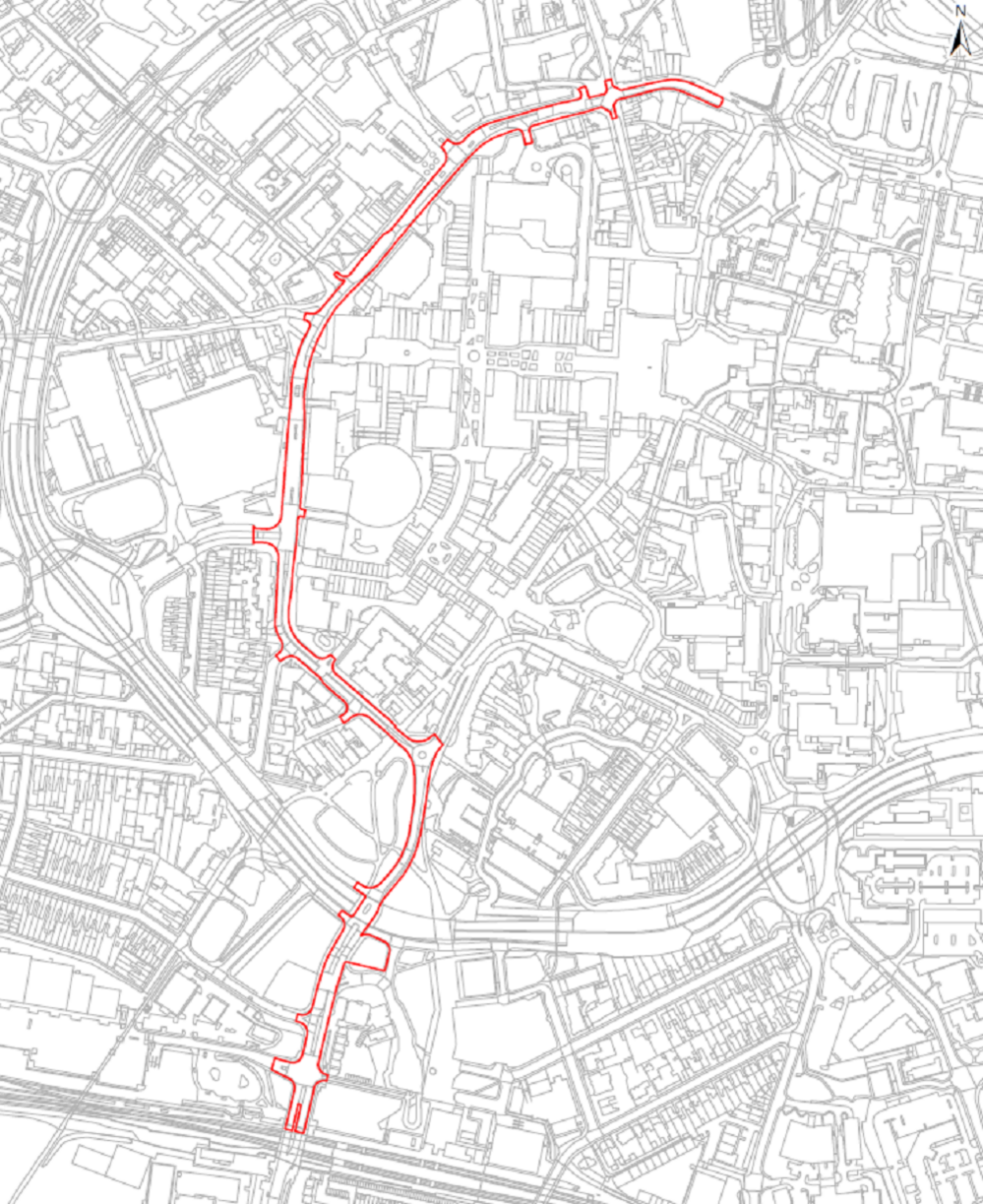 A map showing the proposed VLR demonstrator route in Coventry city centre