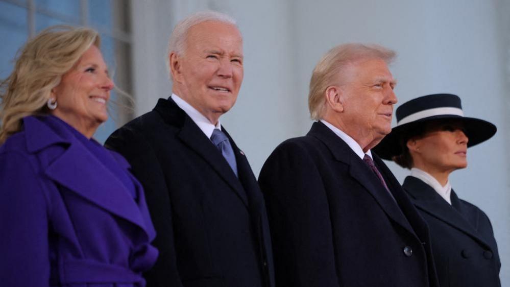 Jill and Joe Biden stand next to Donald and Melania Trump