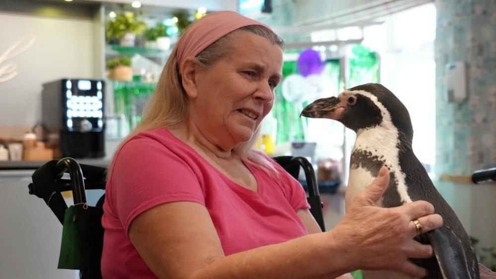 Susan Fisher wearing a pink T-shirt and pink headband and holding a grey and white penguin on her lap.