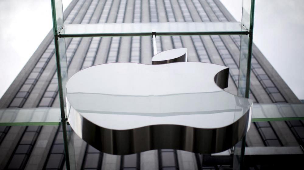 An Apple logo on display outside the company's flagship store in New York City