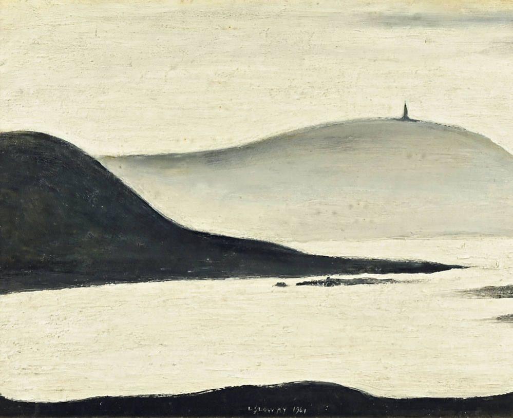 The oil painting of the scene believed to depict the Sir John Barrow's monument on Hoad Hill in Ulvertson. It is black, grey and white, showing the outline of the monument on top of a distant hill.