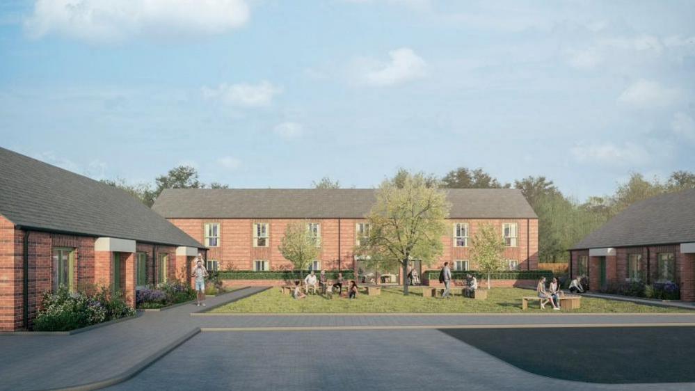 Artist's impression of the new houses, showing a terrace of two-storey properties with bungalows on either side. The buildings surround a communal green with benches and a tree.