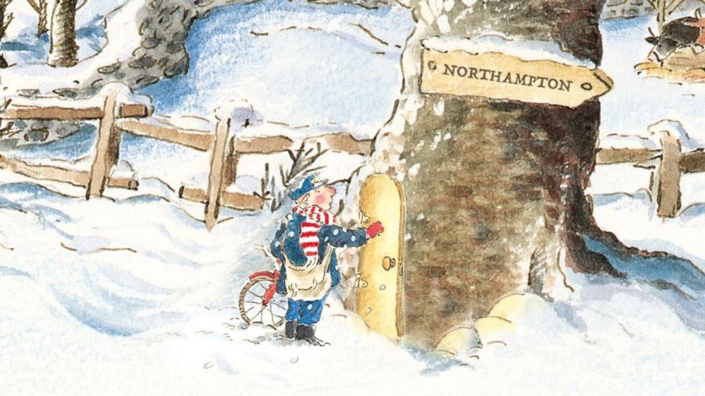 Illustration of the The Jolly Christmas Postman. There is a snow on the ground, a tree trunk with a door on it with sign saying "Northampton". The postman is looking at the sign in a blue uniform and red and white striped scarf while holding a bike