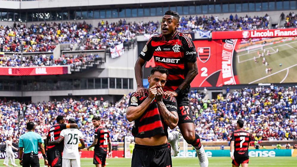 Danilo and Bruno Henrique celebrate Flamengo's second goal against Chelsea in their Club World Cup group game