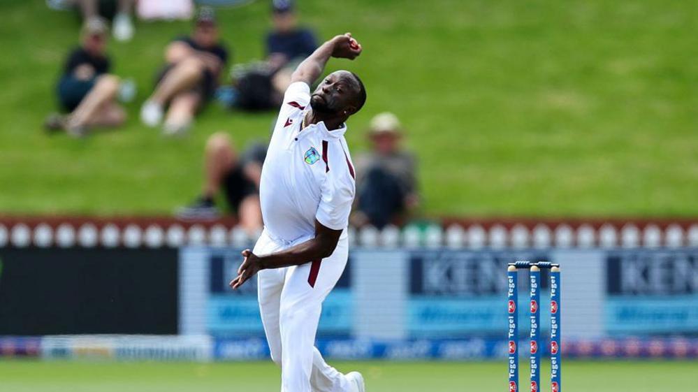 West Indies pace bowler Kemar Roach releases the ball against New Zealand in the Second Test at the Basin Reserve