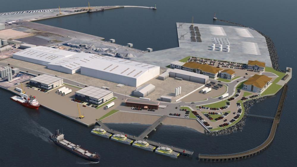 An artists impression shows multiple buildings and structures, and windfarm components, roads, grass areas, boats, ships, marine structures forming the development of the southern terminal of Great Yarmouth's outer harbour.