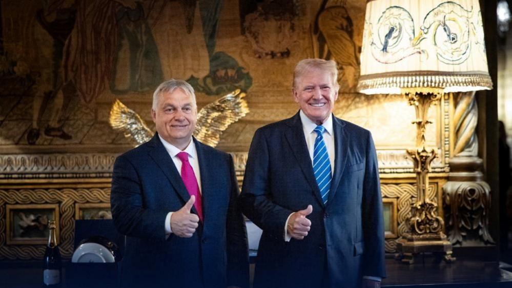 Orban standing next to Trump, both with their thumbs up