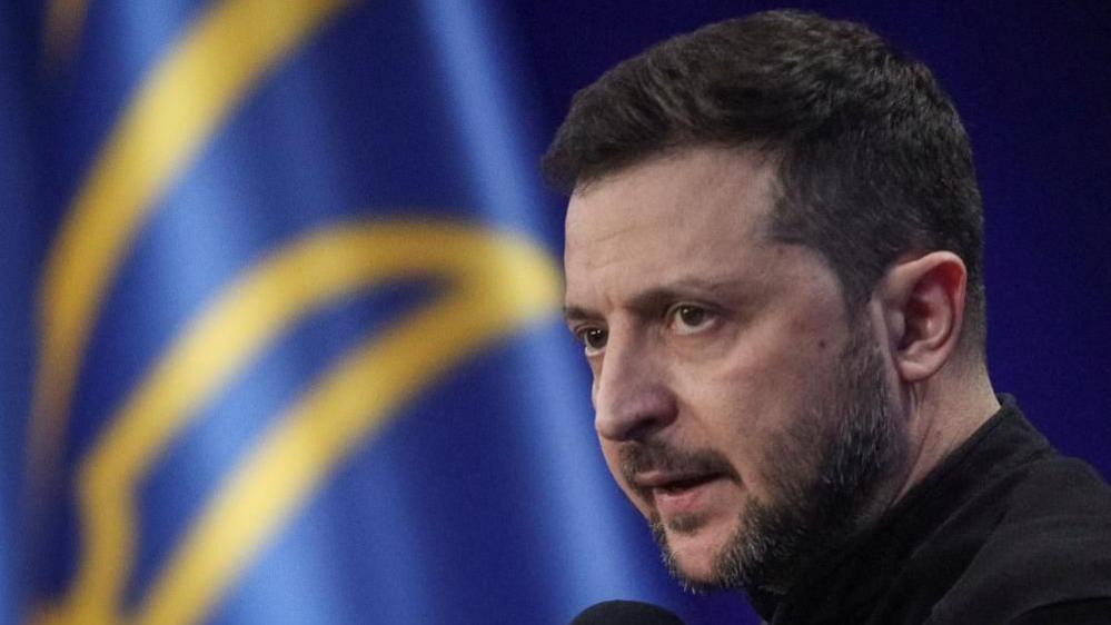 Image shows Ukraine's President Volodymyr Zelensky speaking at a press conference after the 'Ukraine. Year 2025' forum, amid Russia's attack on Ukraine, on 23 February, 2025