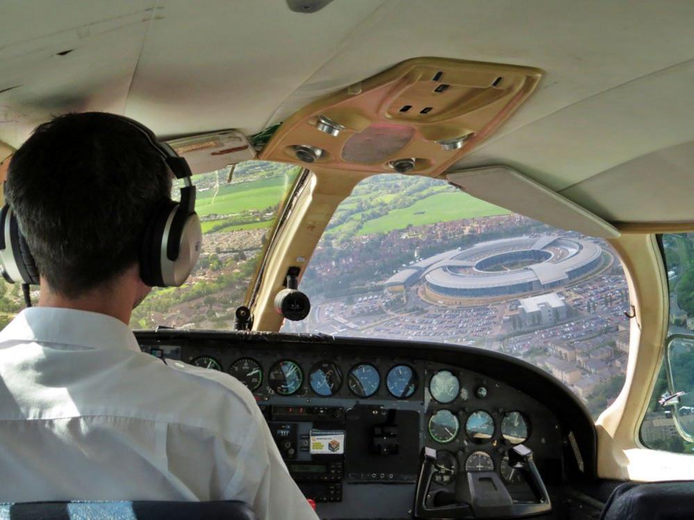 A pilot's cockpit eye view of Government Communication Headquarters in Cheltenham.