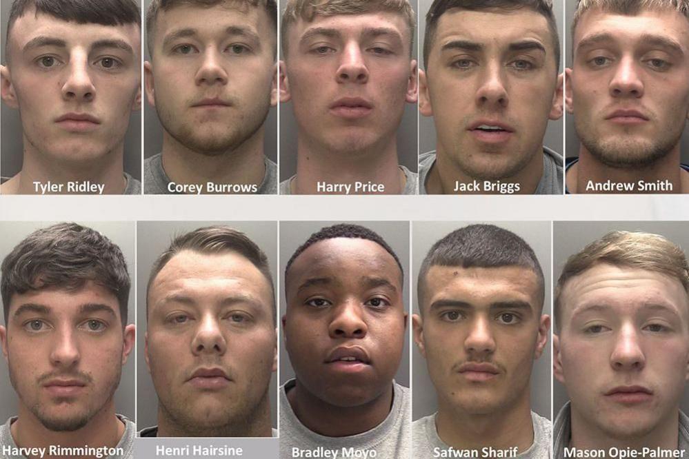 A composite image of 10 defendants, clockwise from top left: Tyler Ridley, Corey Burrows, Harry Price, Jack Briggs, Andrew Smith, Harvey Rimmington, Henri Hairsine, Bradley Moyo, Safwan Sharif, Mason Opie-Palmer