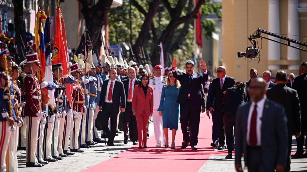 Venezuela's President Nicolas Maduro gestures as he arrives to the National Assembly, on the day of his inauguration for a third six-year term in Caracas, Venezuela January 10, 2025