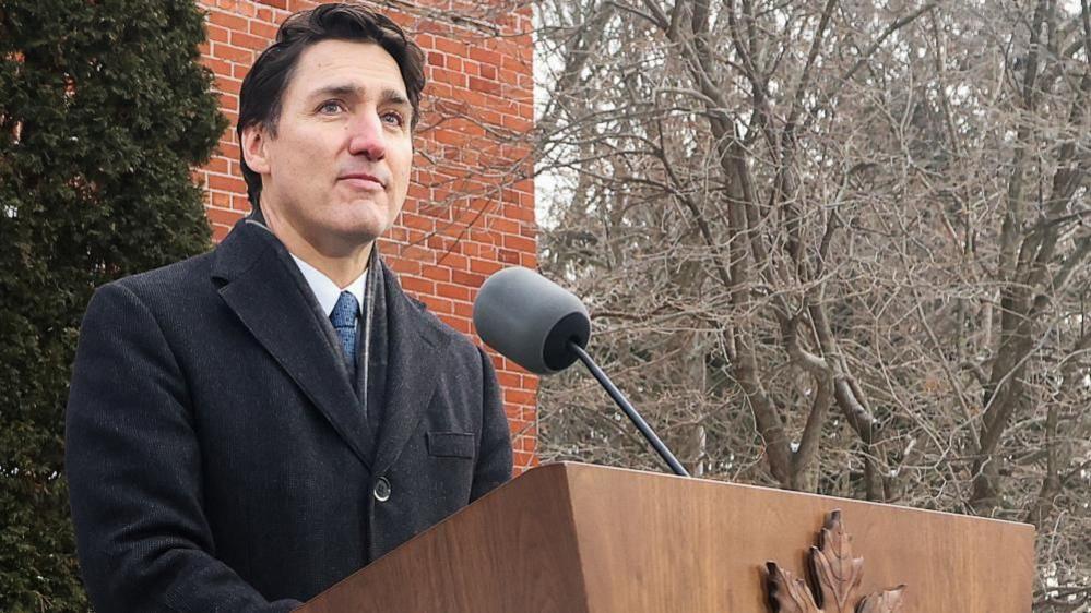 Justin Trudeau stands at a podium in front of several trees