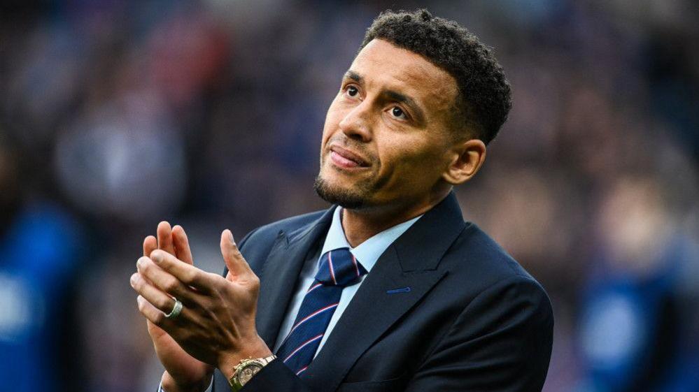 James Tavernier greets Rangers supporters at Ibrox