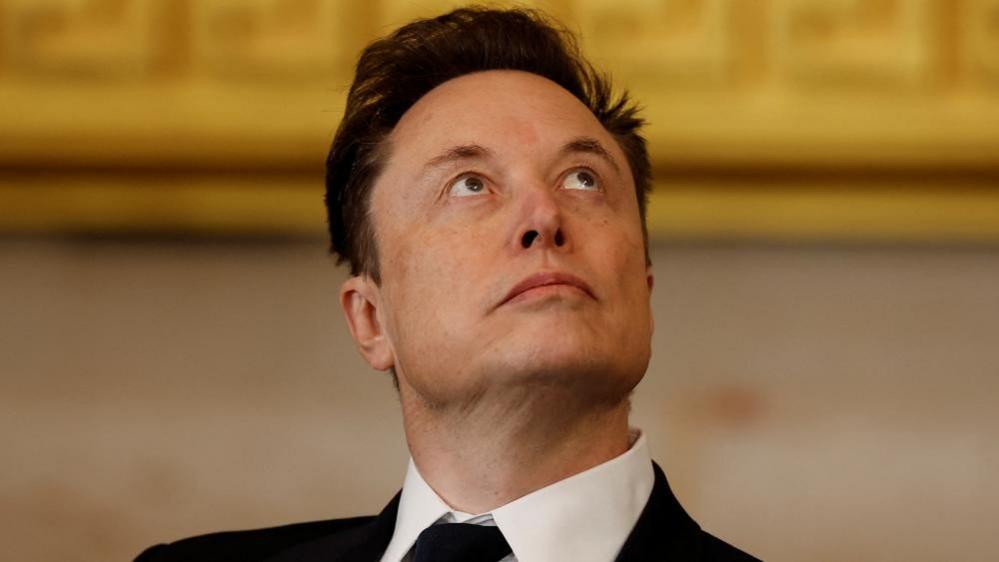 Elon Musk is pictured looking up