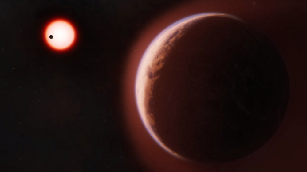 An artist's concept showing the exoplanet LHS 1140 b in the foreground, enveloped by an atmosphere with helium. In the background is its red dwarf star with another planet in its orbit.