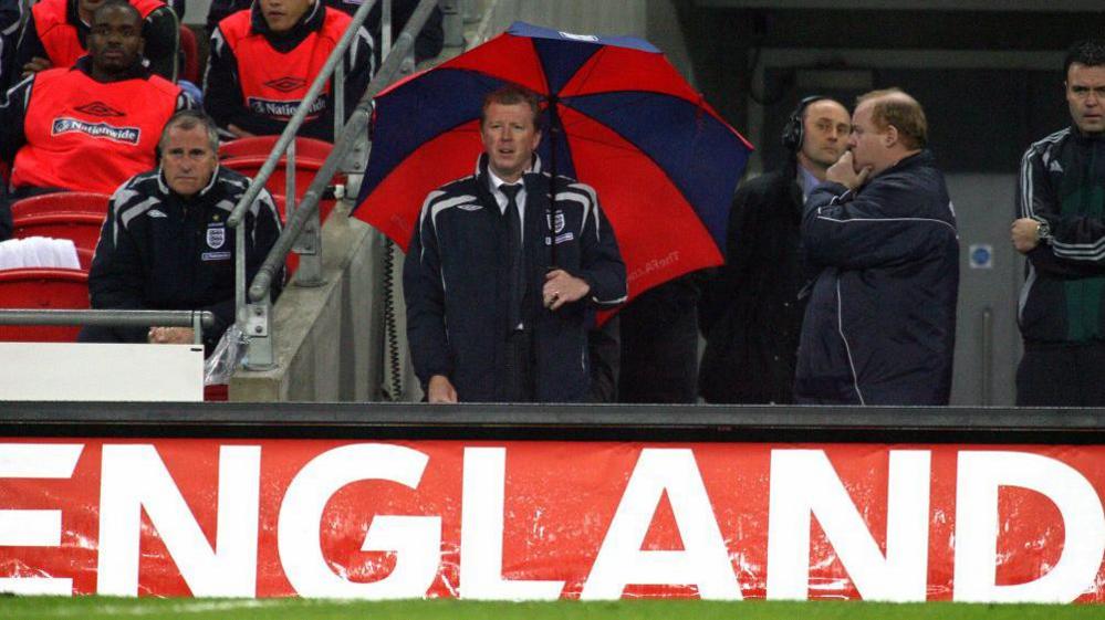 Steve McClaren holding an umbrella during England's game with Croatia in 2007