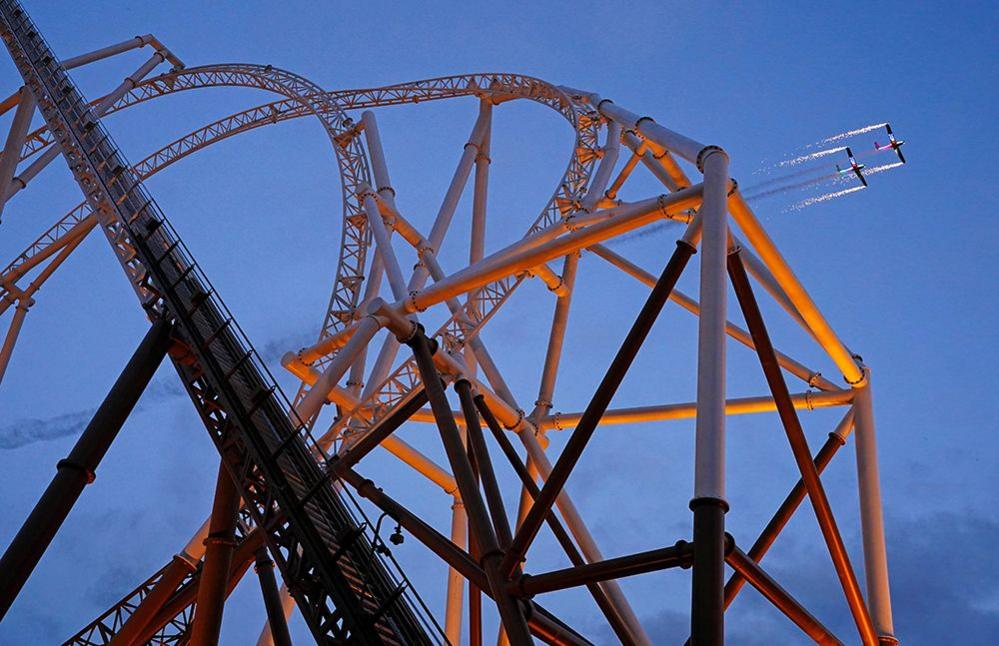 Planes fly behind Hyperia rollercoaster in Thorpe Park on 23 May