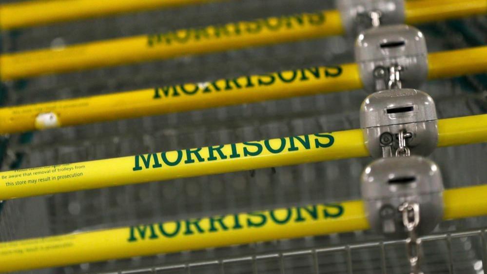 Line of Morrisons shopping trolleys