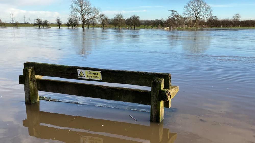 A view of the River Trent with water over its banks, on Stoke Lane in Burton Joyce.