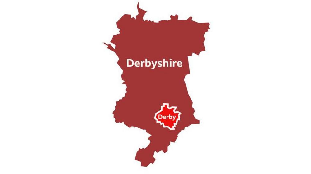 Red graphic of Derbyshire minus the High Peak borough, Derby City highlighted in red 