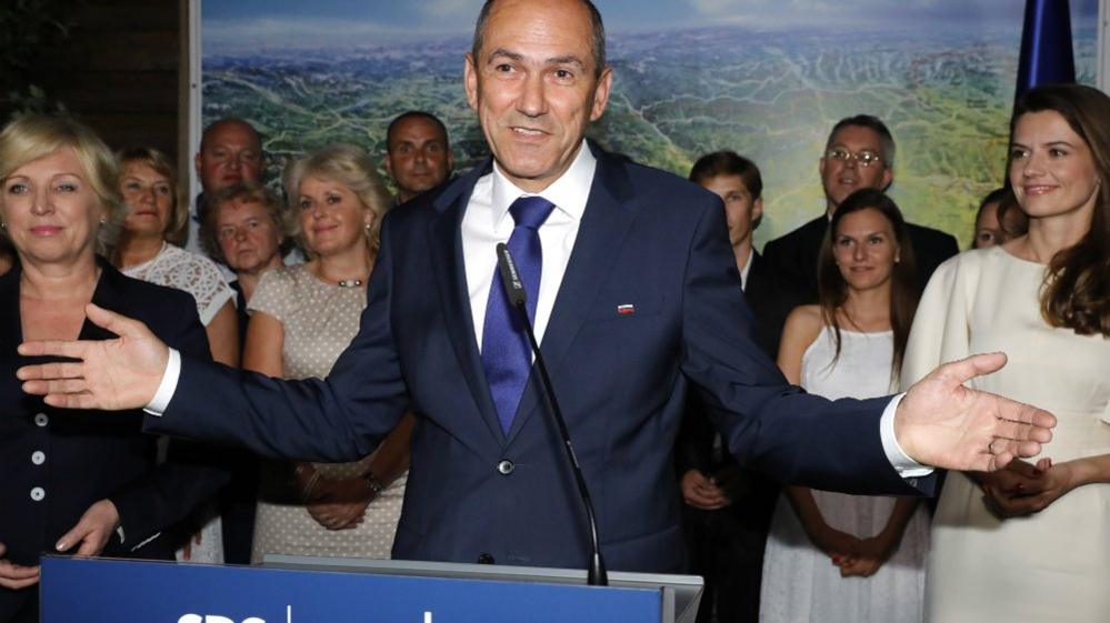 Janez Jansa of the SDS party talks to the media after his party won elections. Ljubljana, Slovenia, 3 June 2018