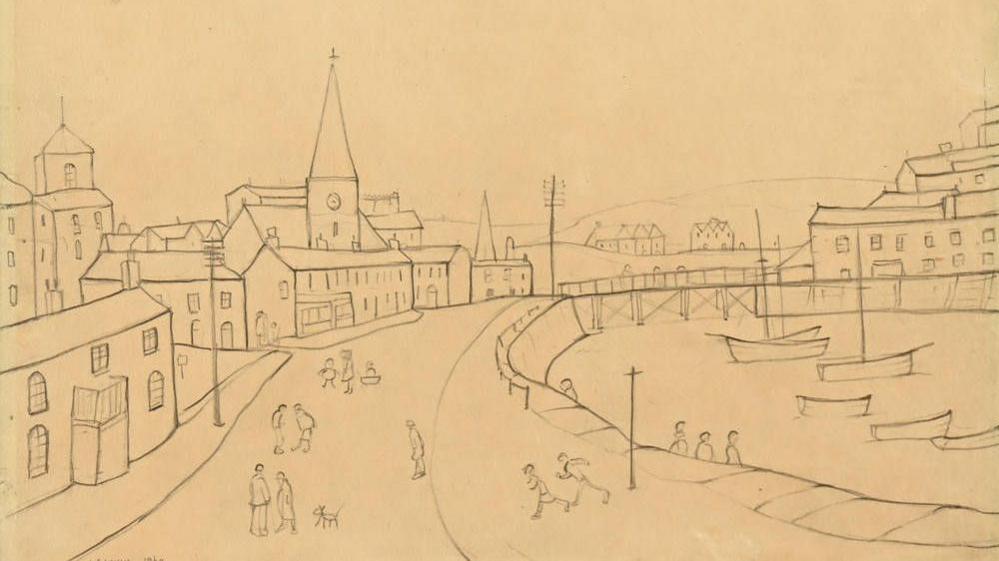 "Maryport - The Estuary", a pencil drawing by LS Lowry. It is is sketch form, showing a street curving round a waterway with boats outlined. There are houses, churches, a bridge and distant hills in the drawing, along with telegraph poles, people and a dog.