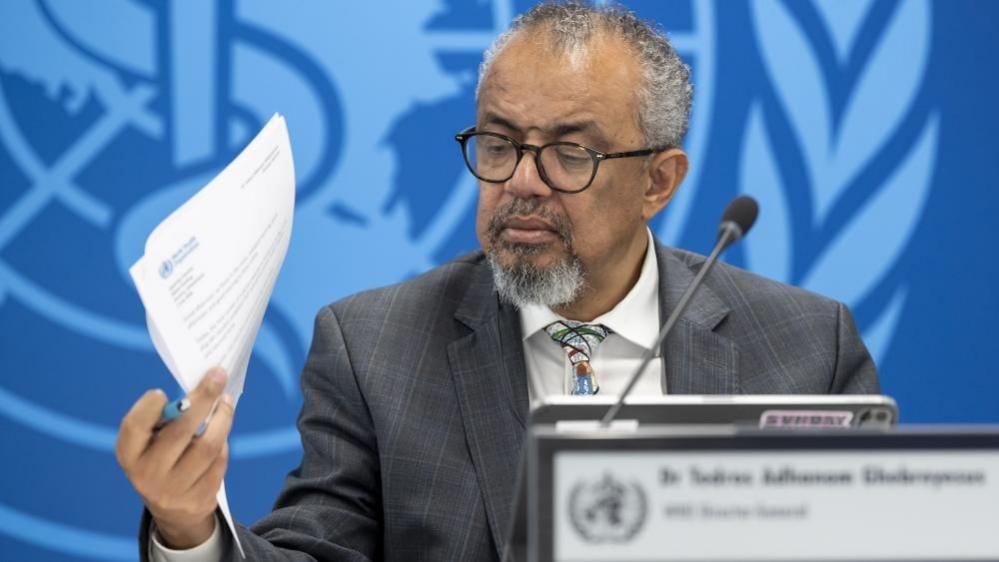 Tedros Adhanom Ghebreyesus speaking to media during a press conference at the WHO headquarters in Geneva. 