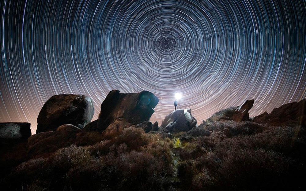 Star trail over Ramshaw Rocks in the Staffordshire Moorlands, Staffordshire