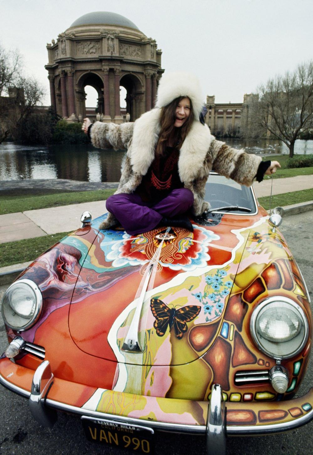 Janis Joplin on her psychedelic Porsche in front of Palace of Fine Arts, San Francisco, 1968