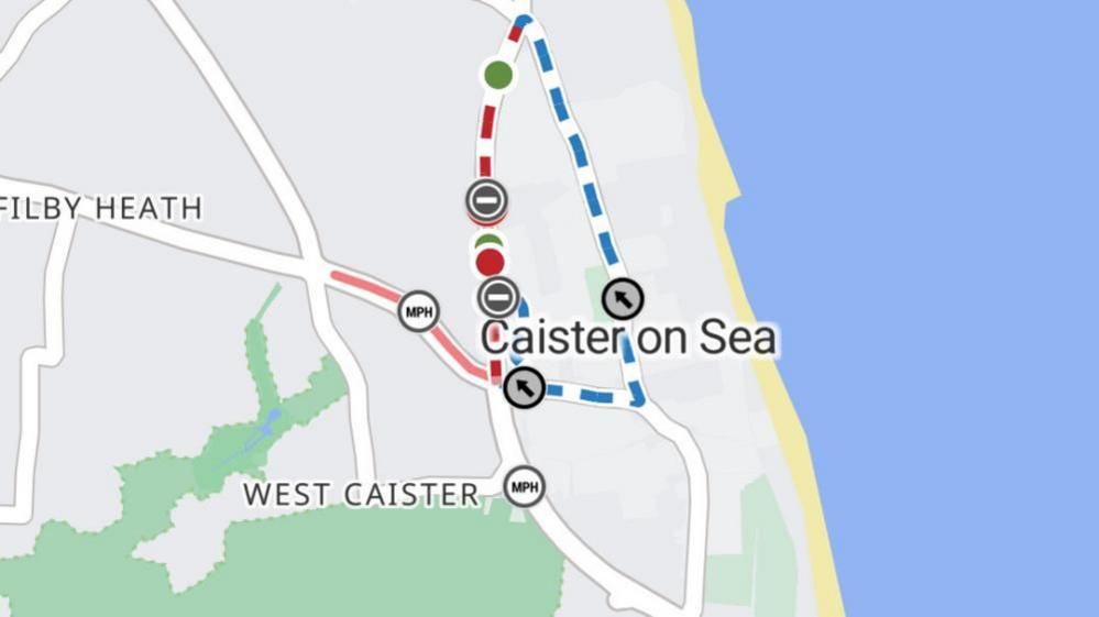 A digital map shows the route diversion through Caister on Sea in a dashed blue line, and the red line represents the closed road and potential congestion points.