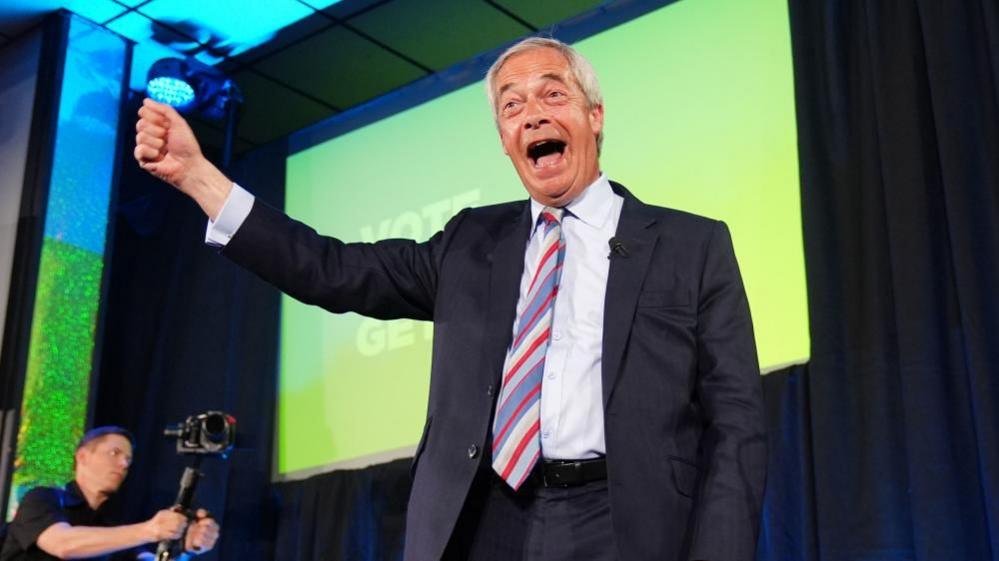 Reform UK leader Nigel Farage during a visit to The Big Club in Newton Aycliffe, County Durham, after Reform made gains against both Labour and the Conservatives across England in local polls.