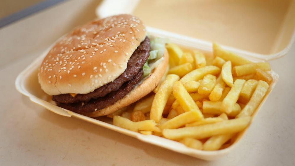 A stock image of a burger and chips