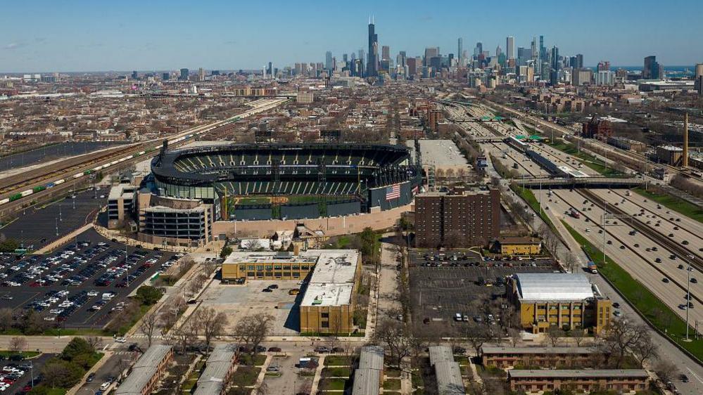 An aerial view of the city of Chicago looking north from South Side and the Chicago White Sox baseball park to the downtown area in the distance