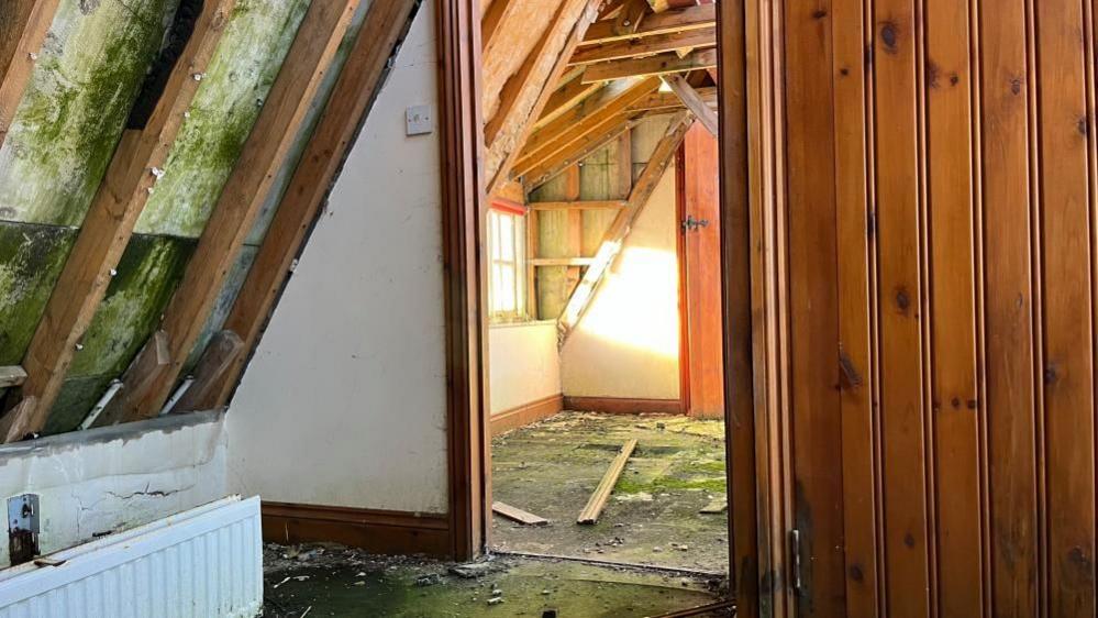 Wooden beams on show with cement board fireproofing behind that, turning green with algae caused by water ingress. There is a radiator below this, and wood cladding on the walls, as well as plaster finish. In the room beyond the door is a room, which has lost its plaster ceilings to water damage.