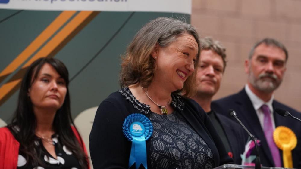 Winning candidate Jill Mortimer smiles after being elected MP for Hartlepool