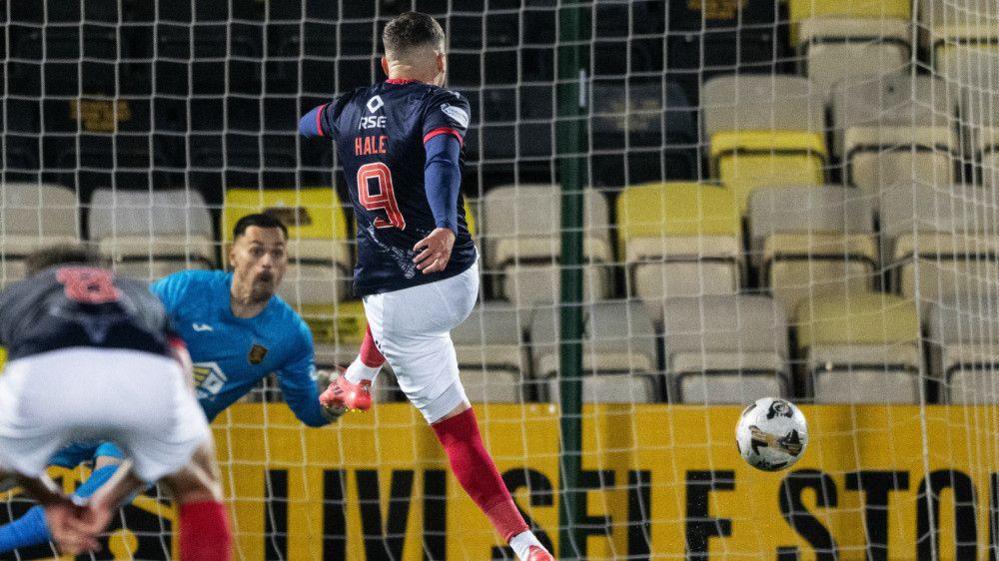 Ross County’s Ronan Hale scores to make it 1-1 during a William Hill Premiership Play-Off Final first leg match between Livingston and Ross County at the Home of the Set Fare Arena, on May 22, 2025, in Livingston, Scotland