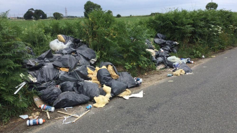 Fly-tipped rubbish in black bags on a roadside near Great Yarmouth.