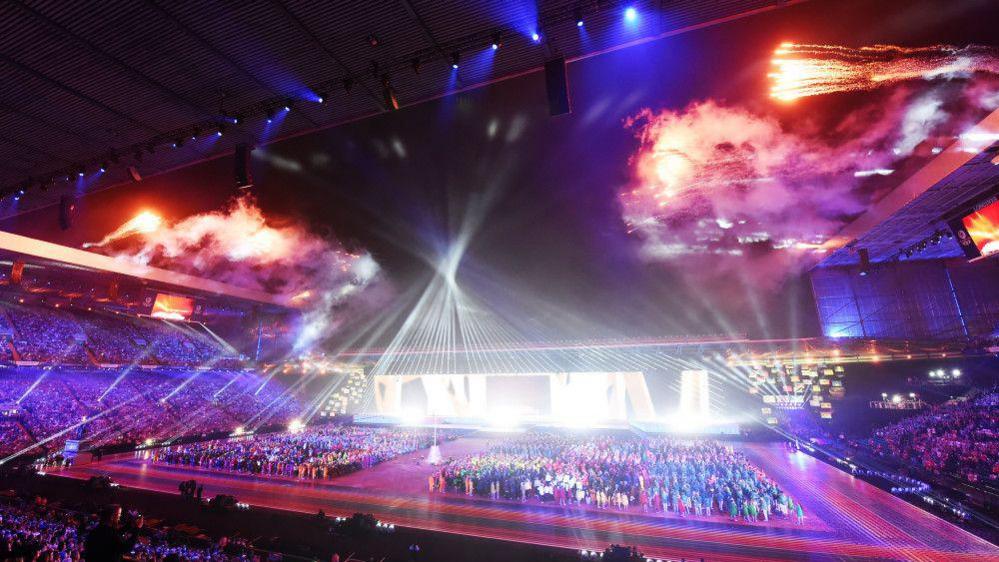 Fireworks exploding above Celtic Park as the opening ceremony for the 2014 Commonwealth Games takes place