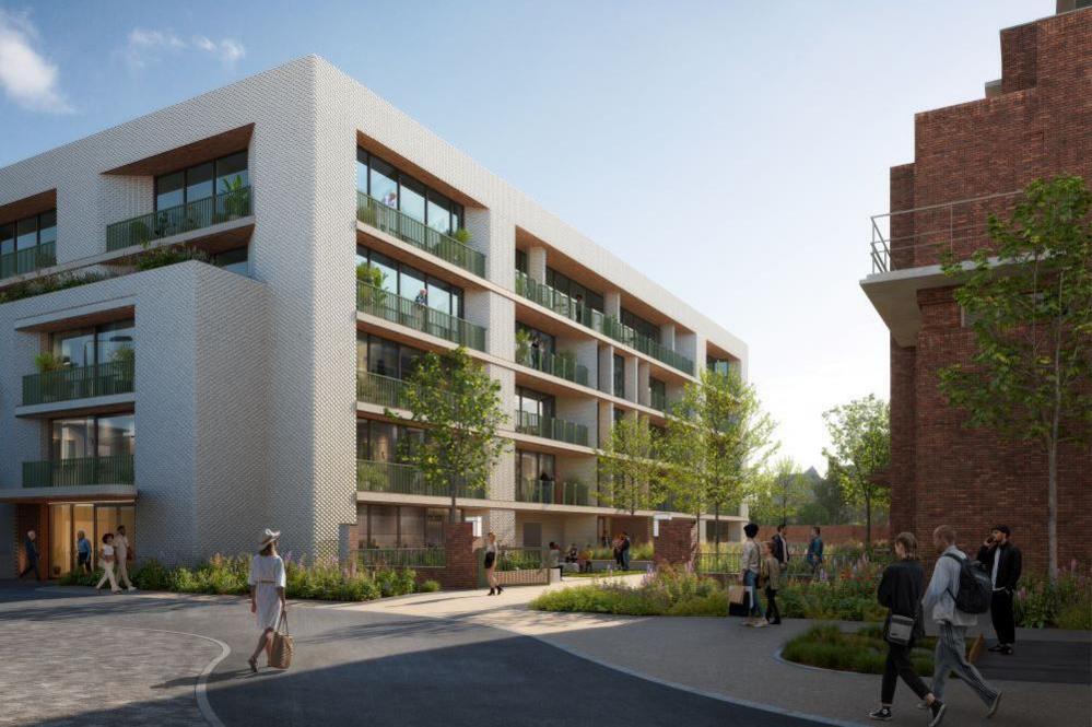 A computer-generated image of the proposed redevelopment of block E. On the left is a five-storey, light grey coloured building, with each apartment having a fully recessed balcony. Each balcony has greenery and plants on it. To the right of the apartment block, there is a pedestrian path and an area of greenery and plants, including some leafy trees. To the right of this, there is part of a red-brick building visible. A tarmac road runs along in front of the buildings. A few pedestrians are walking around in front of the buildings.