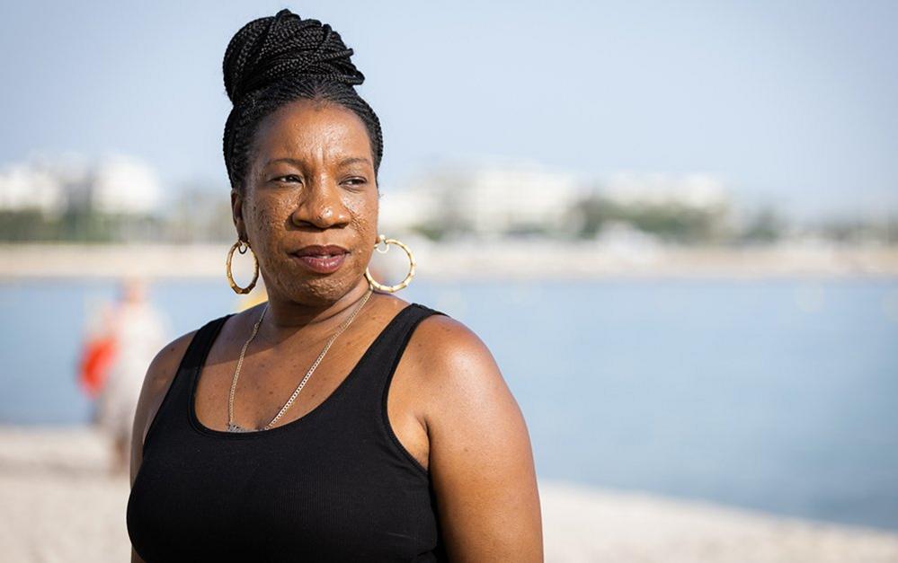 Head and shoulders portrait of #MeToo founder Tarana Burke in Cannes in June 2022