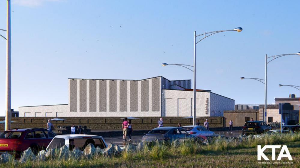 A computer-generated design of the new Tropicana venue showing a brutalist-style grey building.